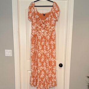 torrid Orange Floral Maxi Dress with tie front off the shoulder dress.